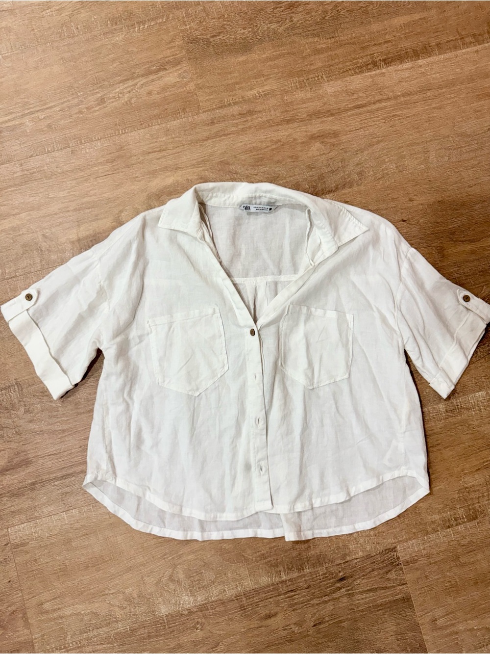 Zara White Button-Front Linen-Blend Women's Shirt